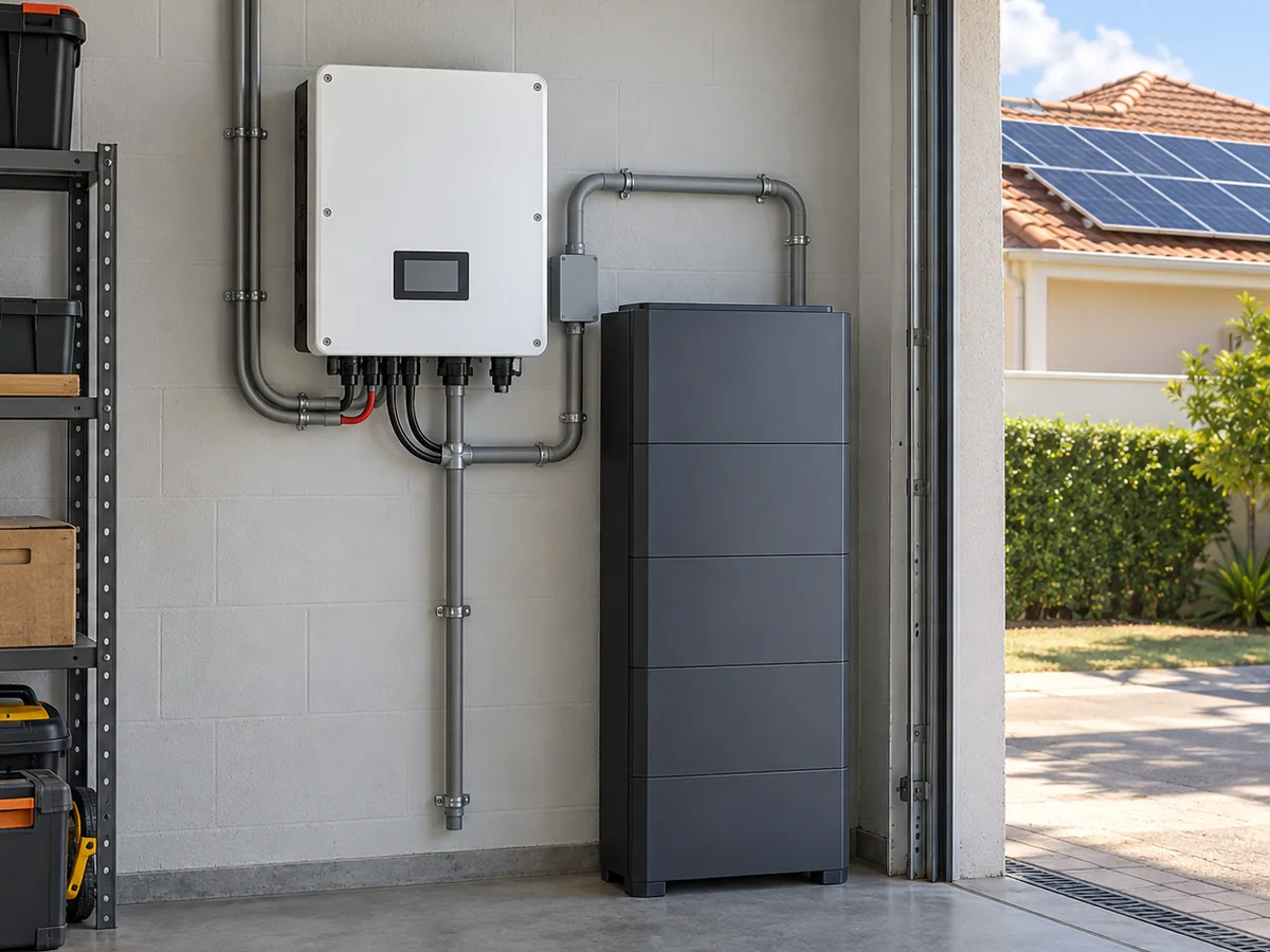 Inversor e bateria de um sistema de energia solar em uma garagem