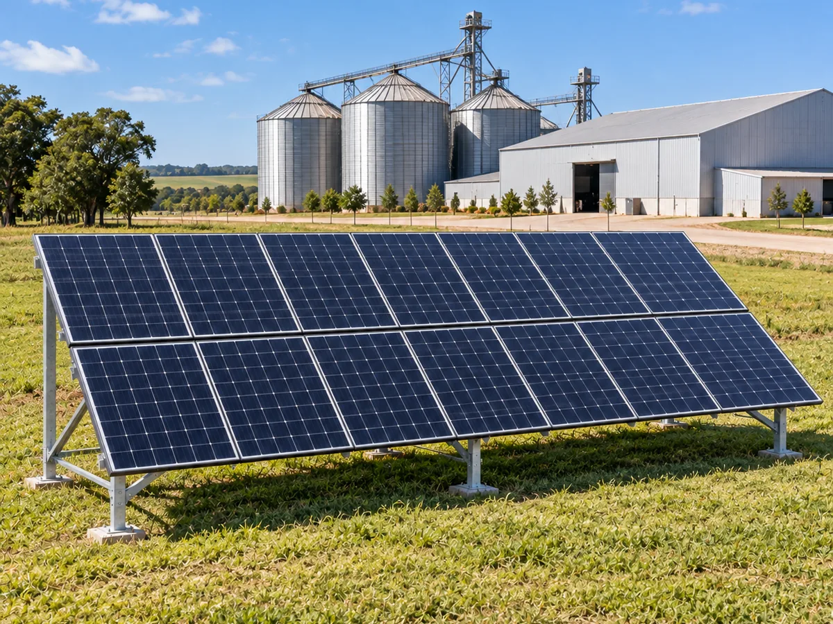 Painéis solares instalados em estrutura de solo numa propriedade rural