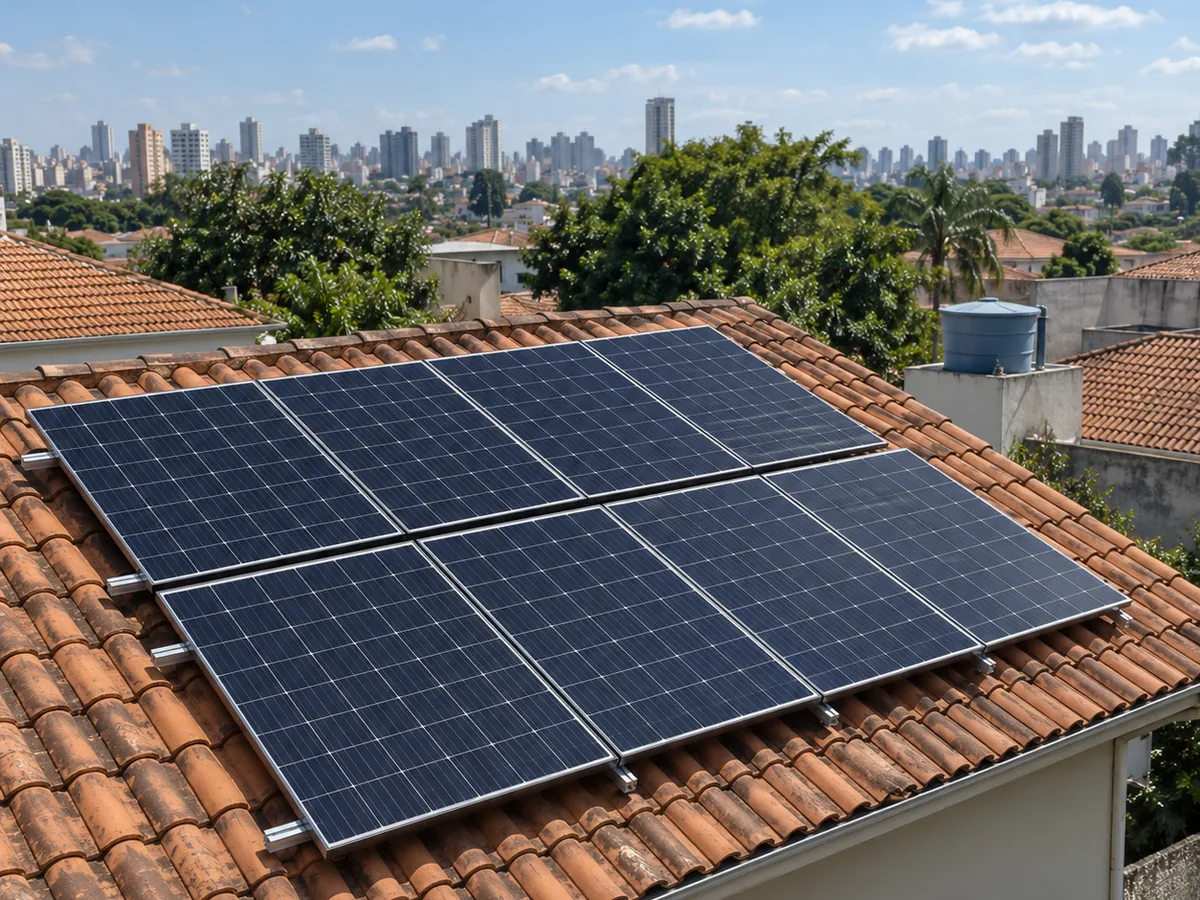 Telhado residencial com painéis solares conectados à rede